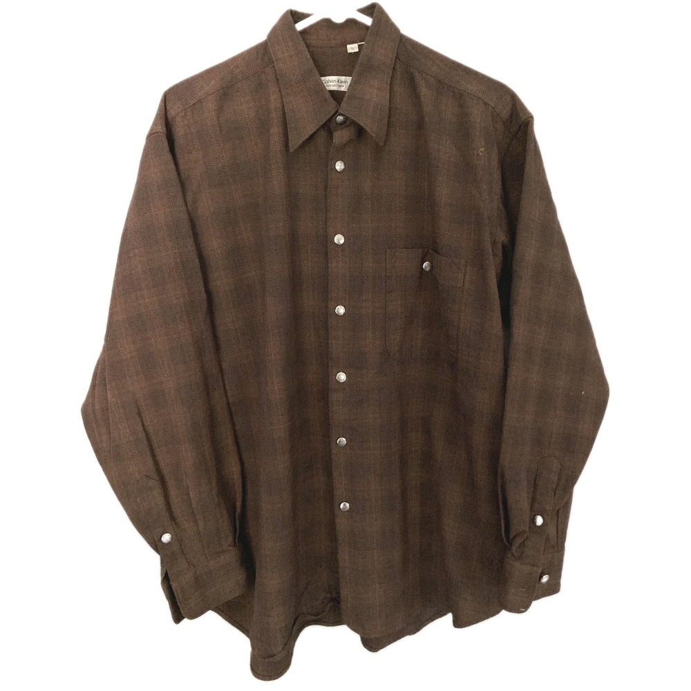 Vtg Calvin Klein Shirt Men XL Brown Plaid Metal Button Lng Sleeve Western Casual